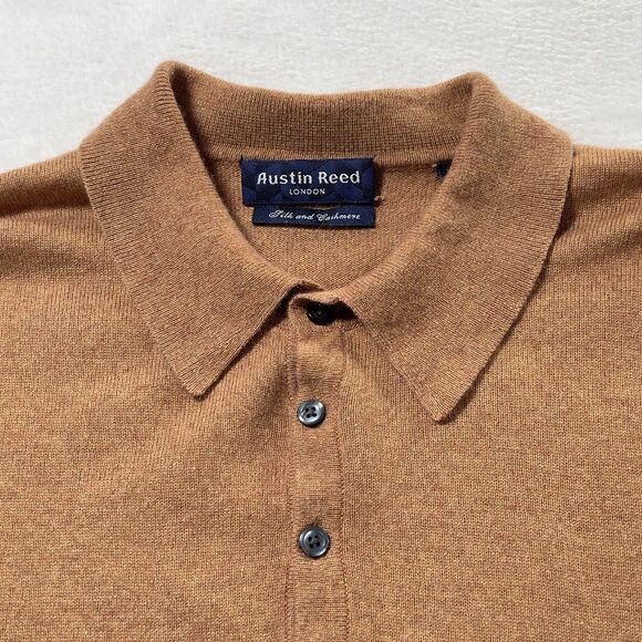 Austin Reed London Silk Cashmere Polo Sweater Mens Sz Large Tan Long Sleeve - Picture 3 of 10